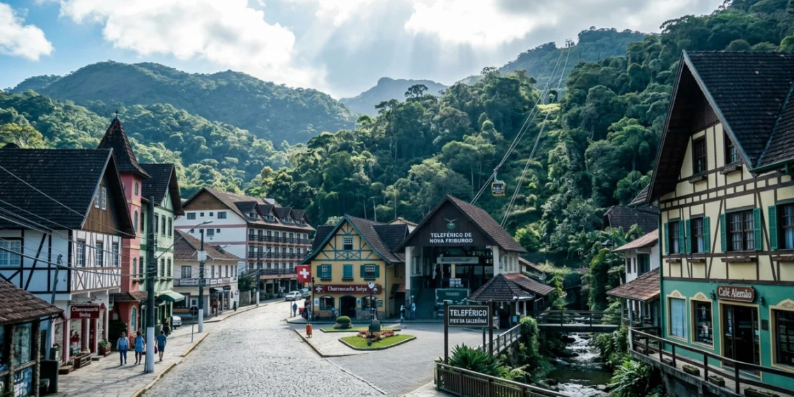 Rua de Nova Friburgo com casario de estilo europeu e o teleférico ao fundo
